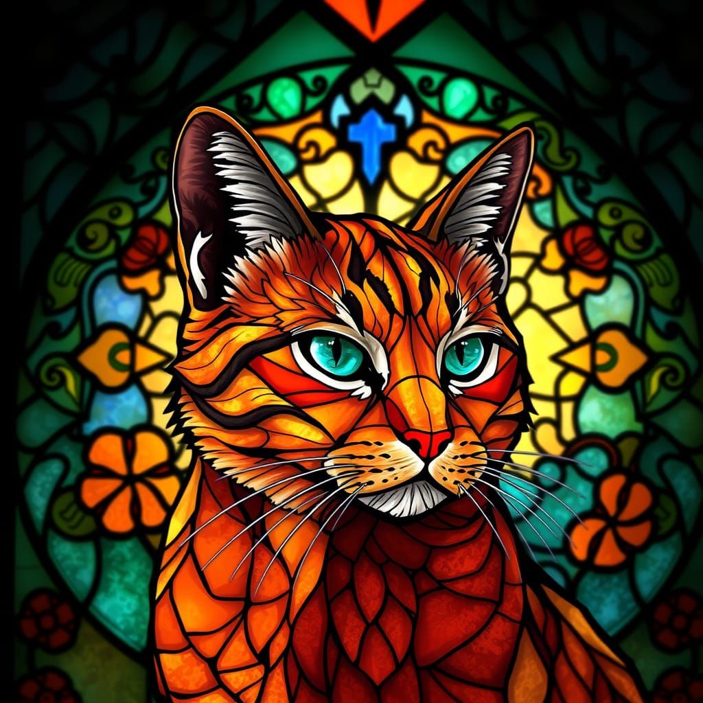 Vibrant Stained Glass Feline in Whimsical Fantasy Scene