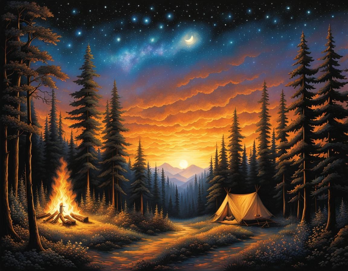 Campfire Under Twinkling Stars in Folk Art Style