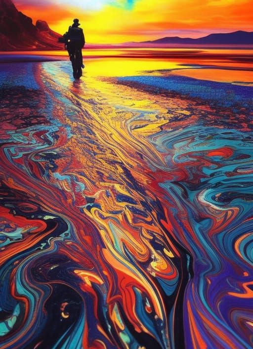 Heart Paved Road in Marbled Oil Gouache Style