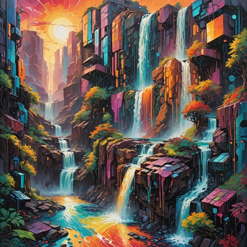 Glistening Multicolored Waterfall in Cyberpunk Acrylics