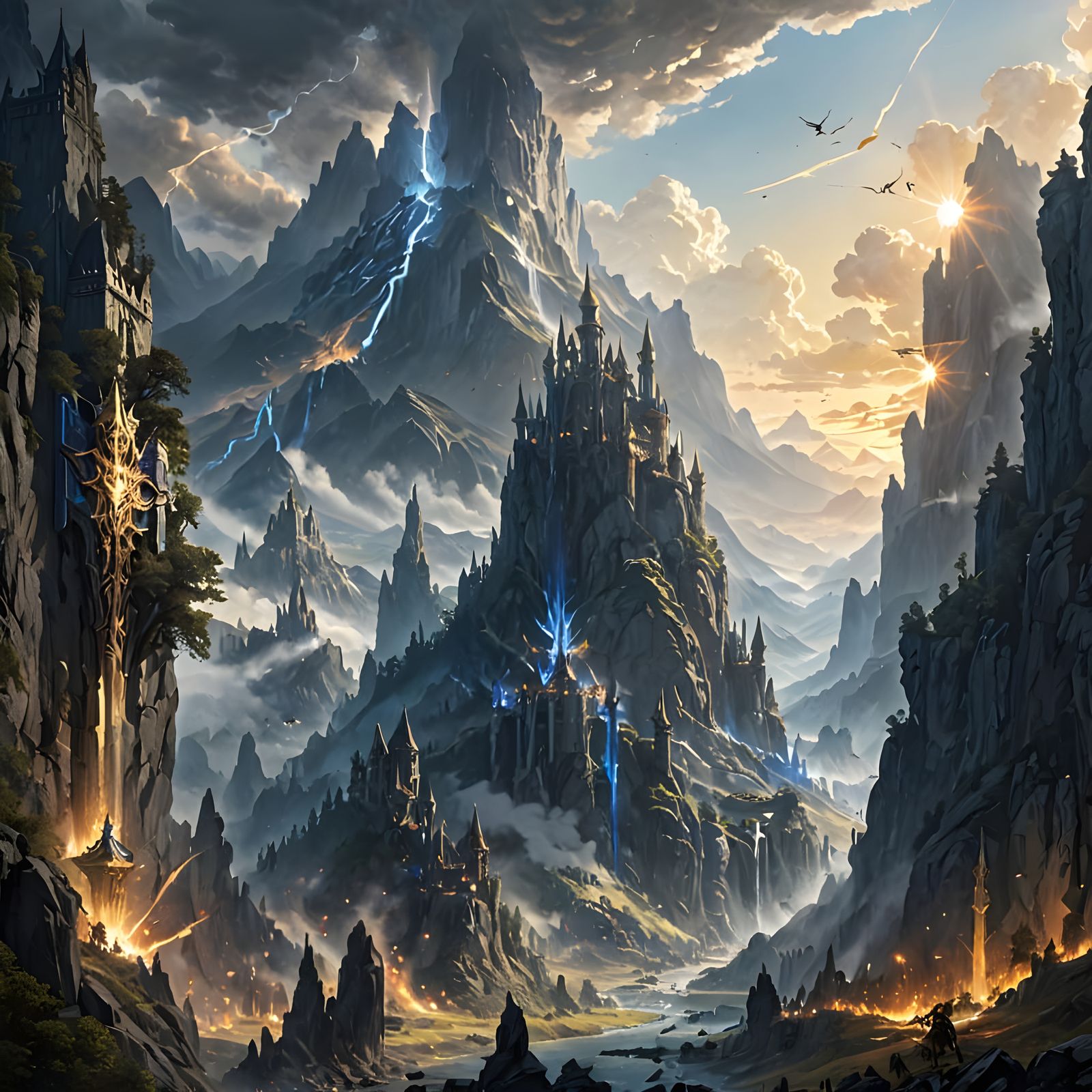 Epic Fantasy Valley in Golden Light with Warring Armies