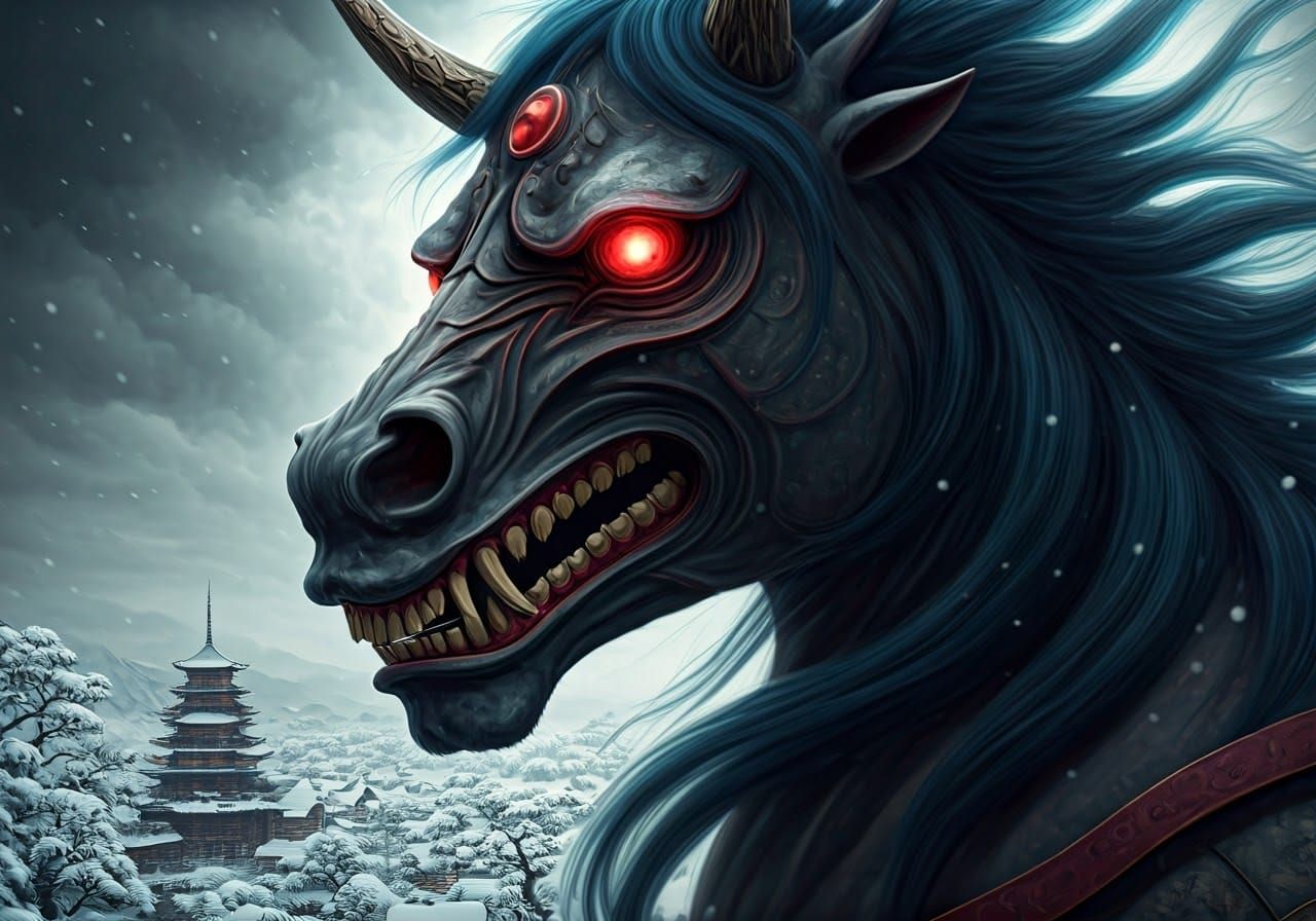 Dark Fantasy Yokai Horse in Japanese Snowy Landscape