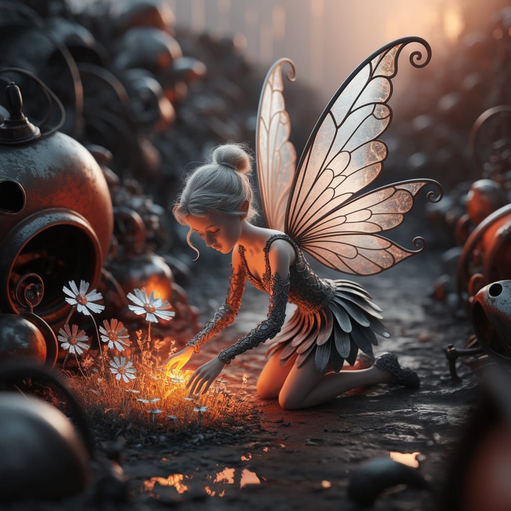 Iron Fairy Tending Metallic Garden in Junkyard