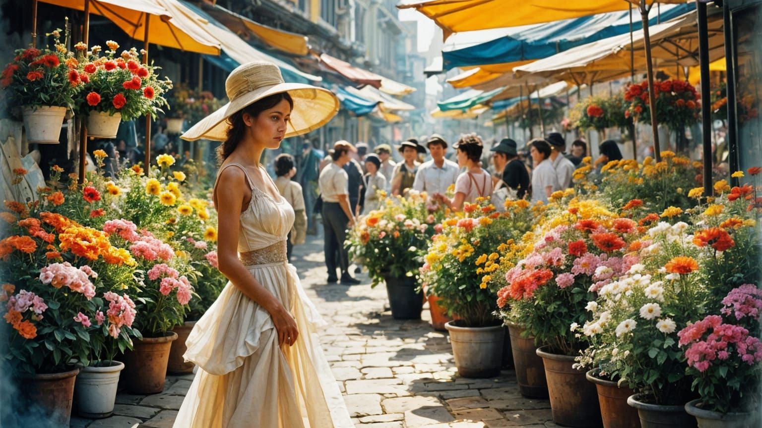 Whimsical Flower Market Scene in Classic Watercolor Style