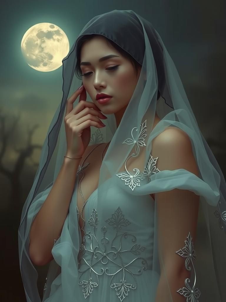 Ethereal Woman Listening in Moonlit Landscape