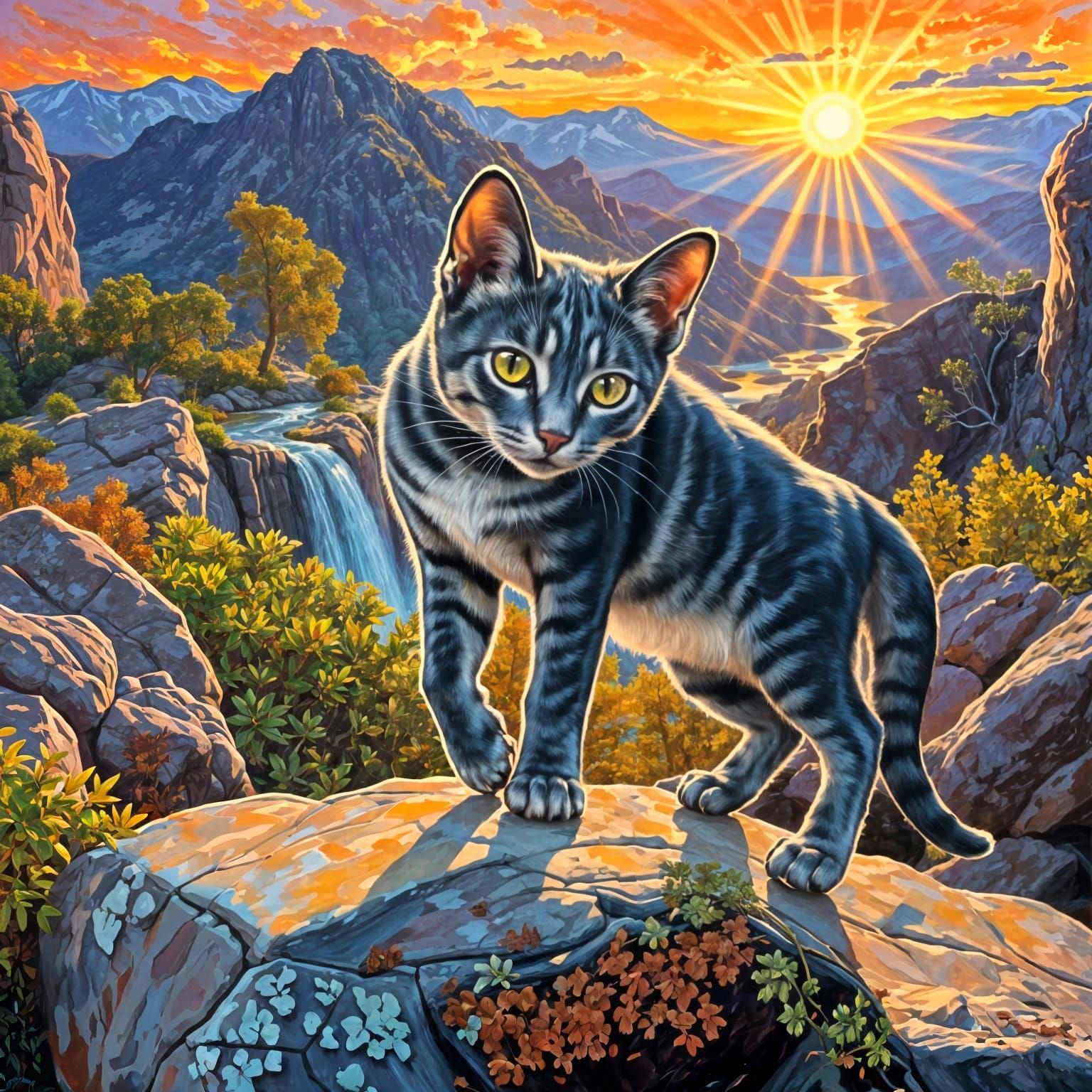 Black Cat Overlooking Valley, Fauvist Oil Painting