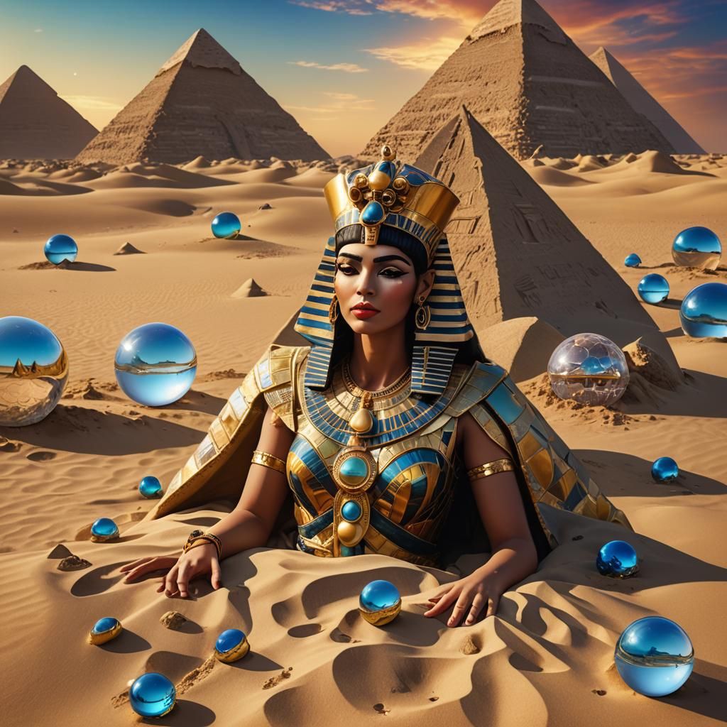 Cleopatra's Desert Dream: Surrealist Ocean Pyramids and UFOs