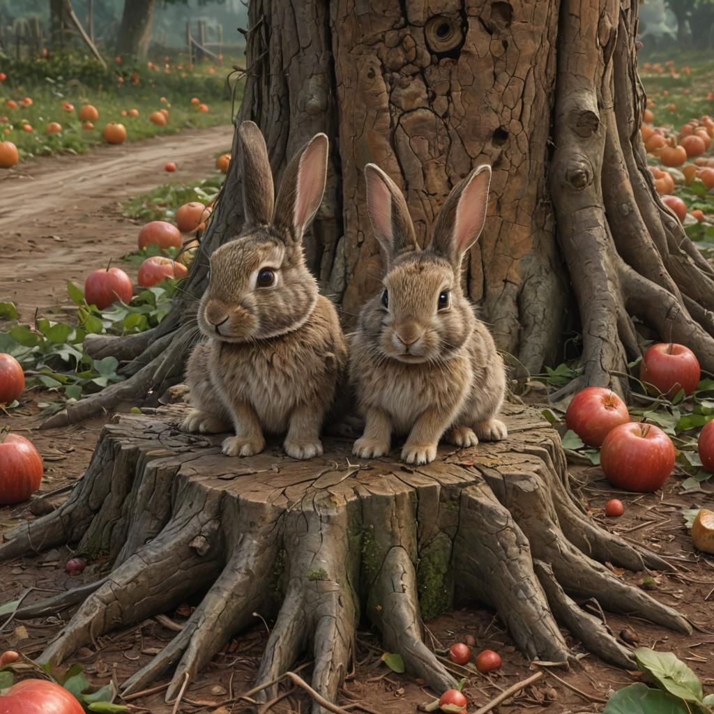 Rabbit on Pumpkin in Farm Scene, Expressive Brushstrokes