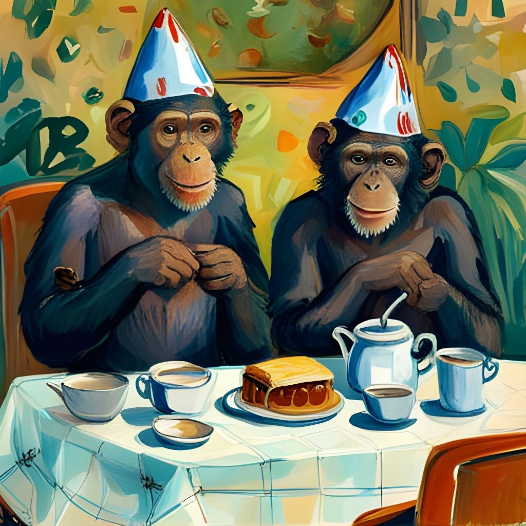Chimpanzees' Tea Party in Illustrative Style
