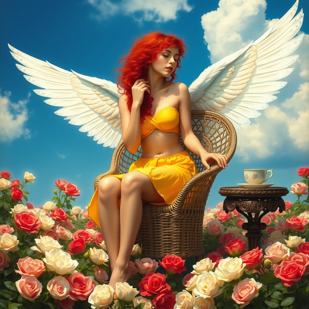 Ethereal Angel in Garden Oasis with Vibrant Red Hair and Whi...