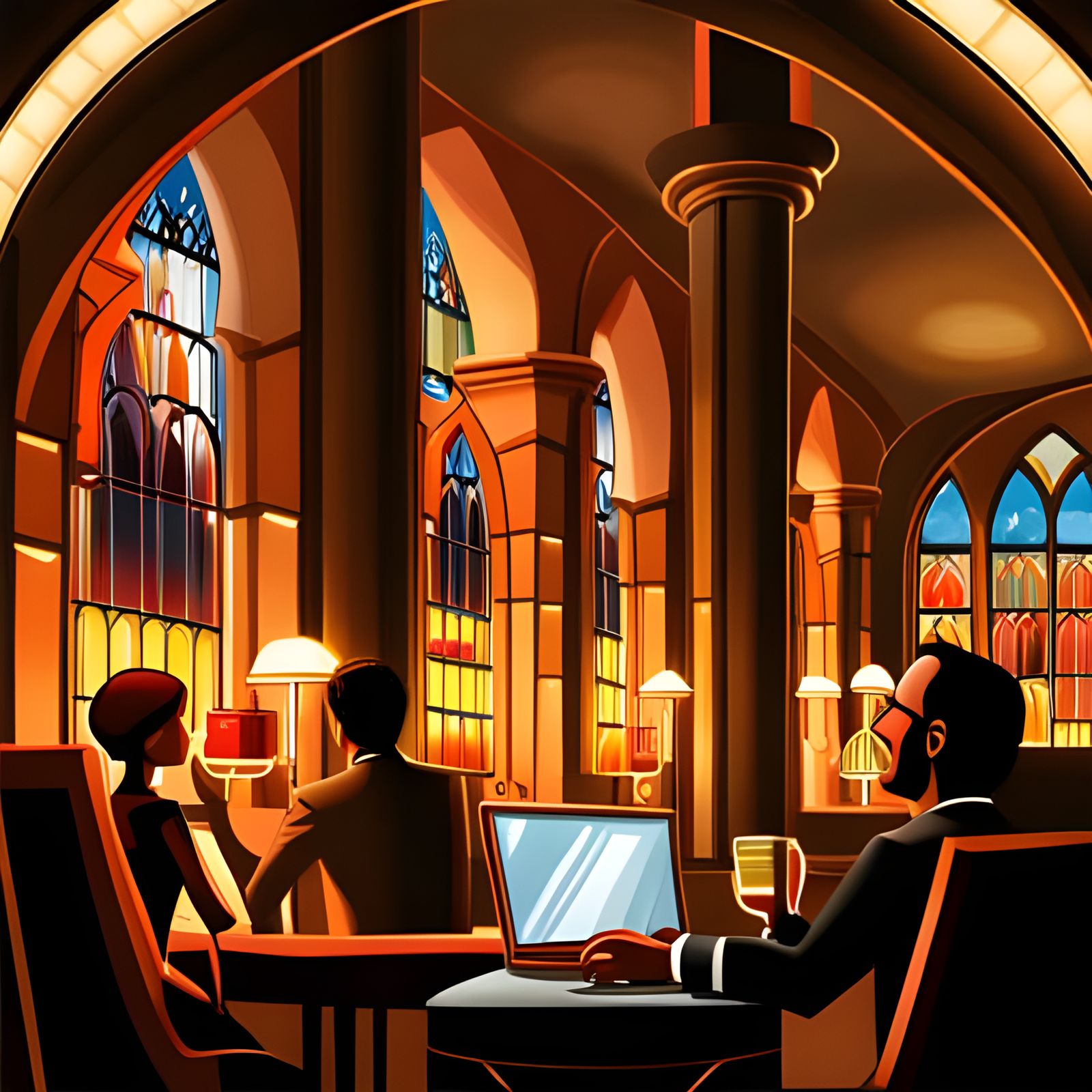 Gothic Archway Scene with Art Deco Cityscape