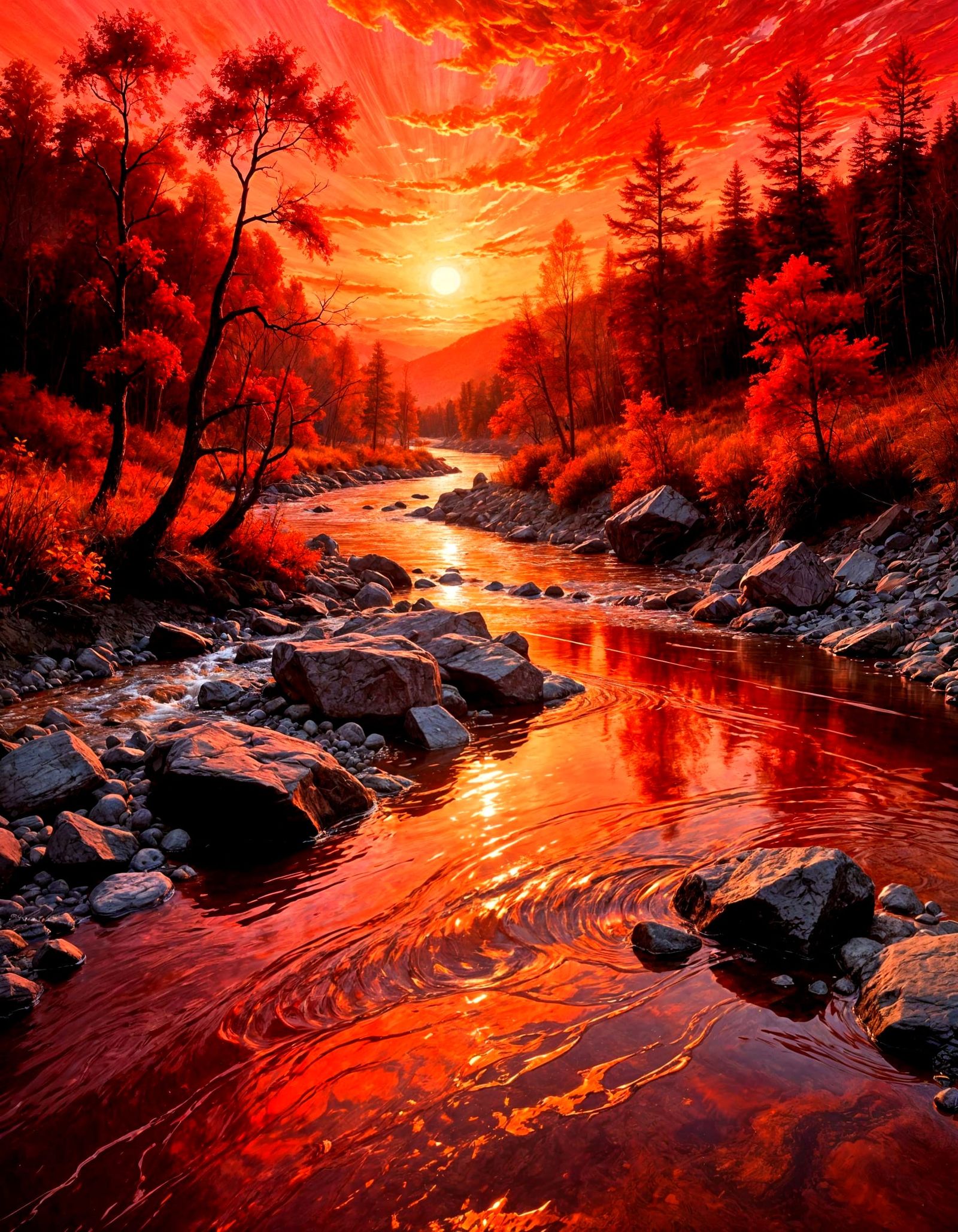 Impasto Red River Reflections in a Dazzling Sunset