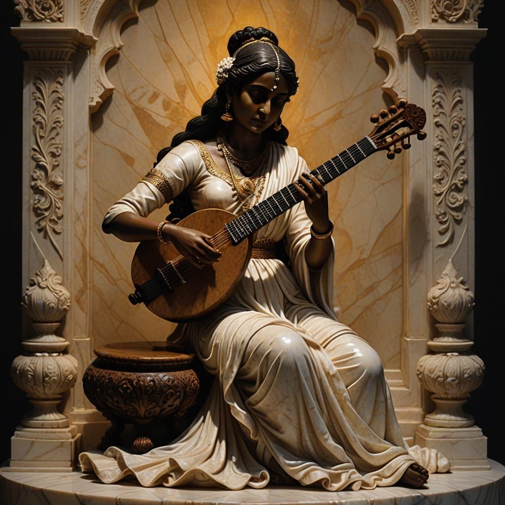 Baroque Marble Sculpture of Sitar Player