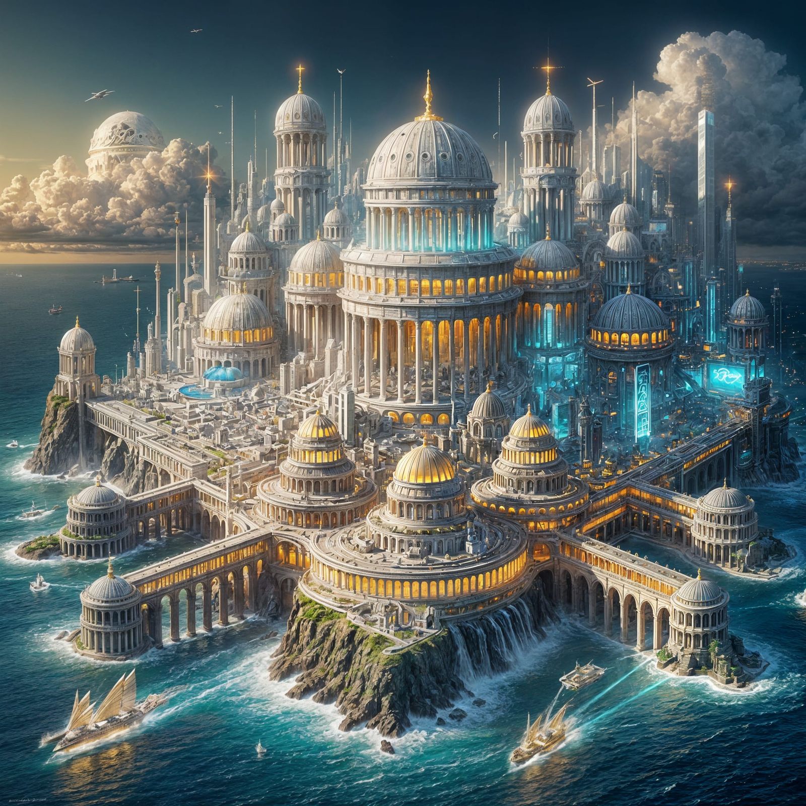 Futuristic Grecian Cityscape on Turquoise Sea