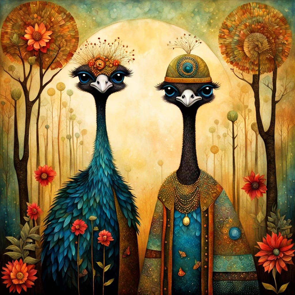 Stylish Ostrich Family Portrait in Art Brut Style