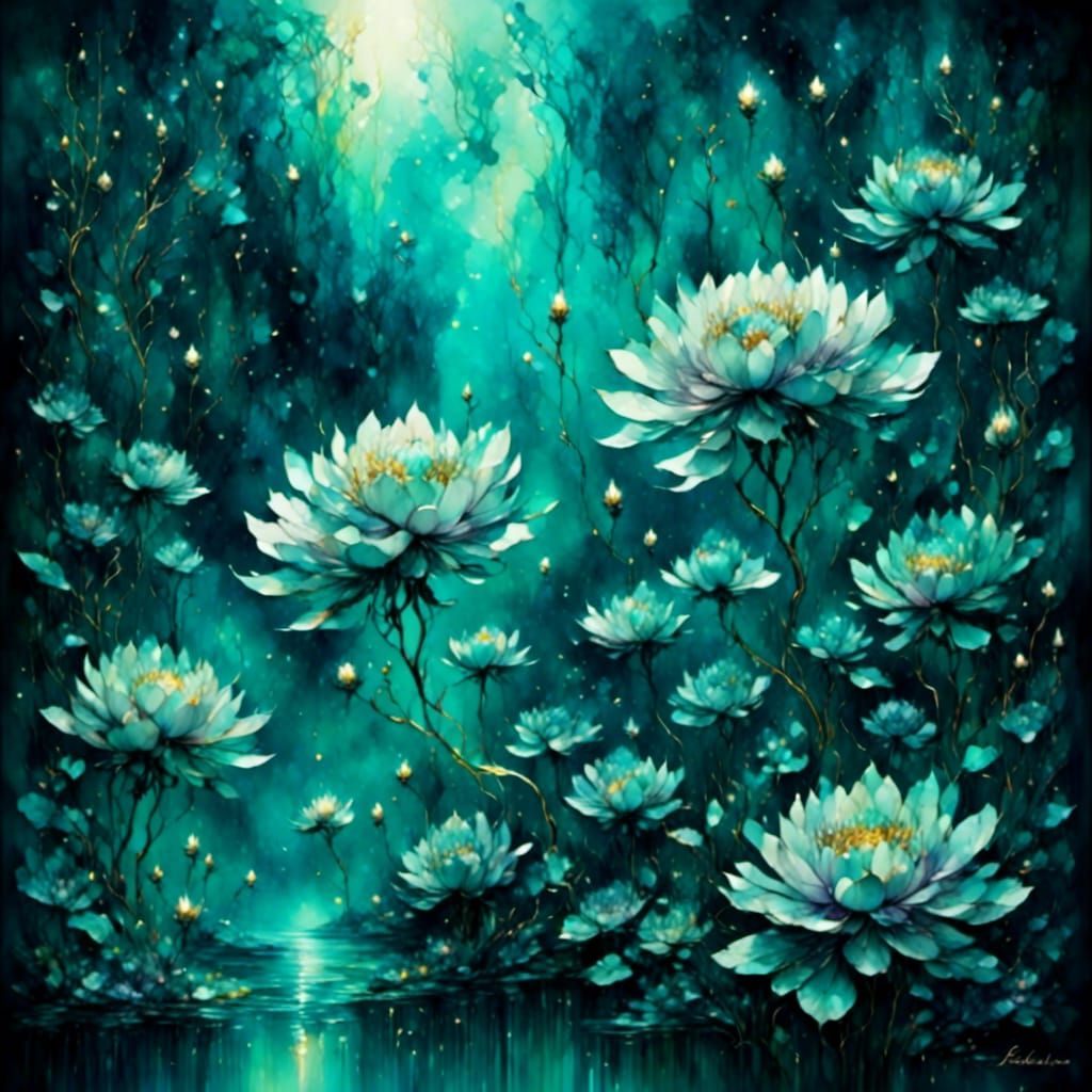 Iridescent Holographic Flower in Dark Watercolor Style