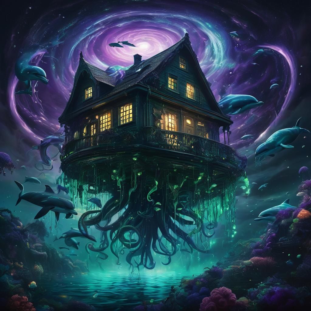 Surreal House with Tentacles and Dolphins in Space