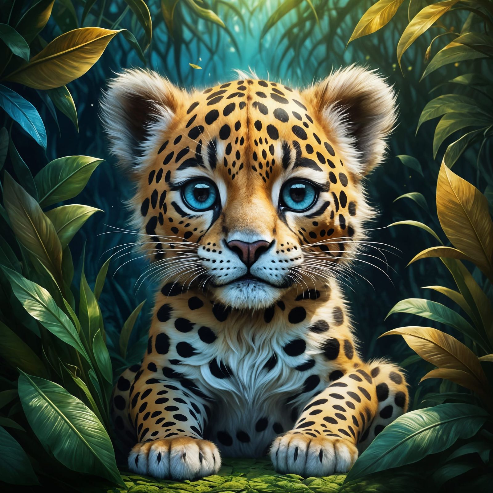 Chibi Jaguar Cub in Lush Jungle Sunlight