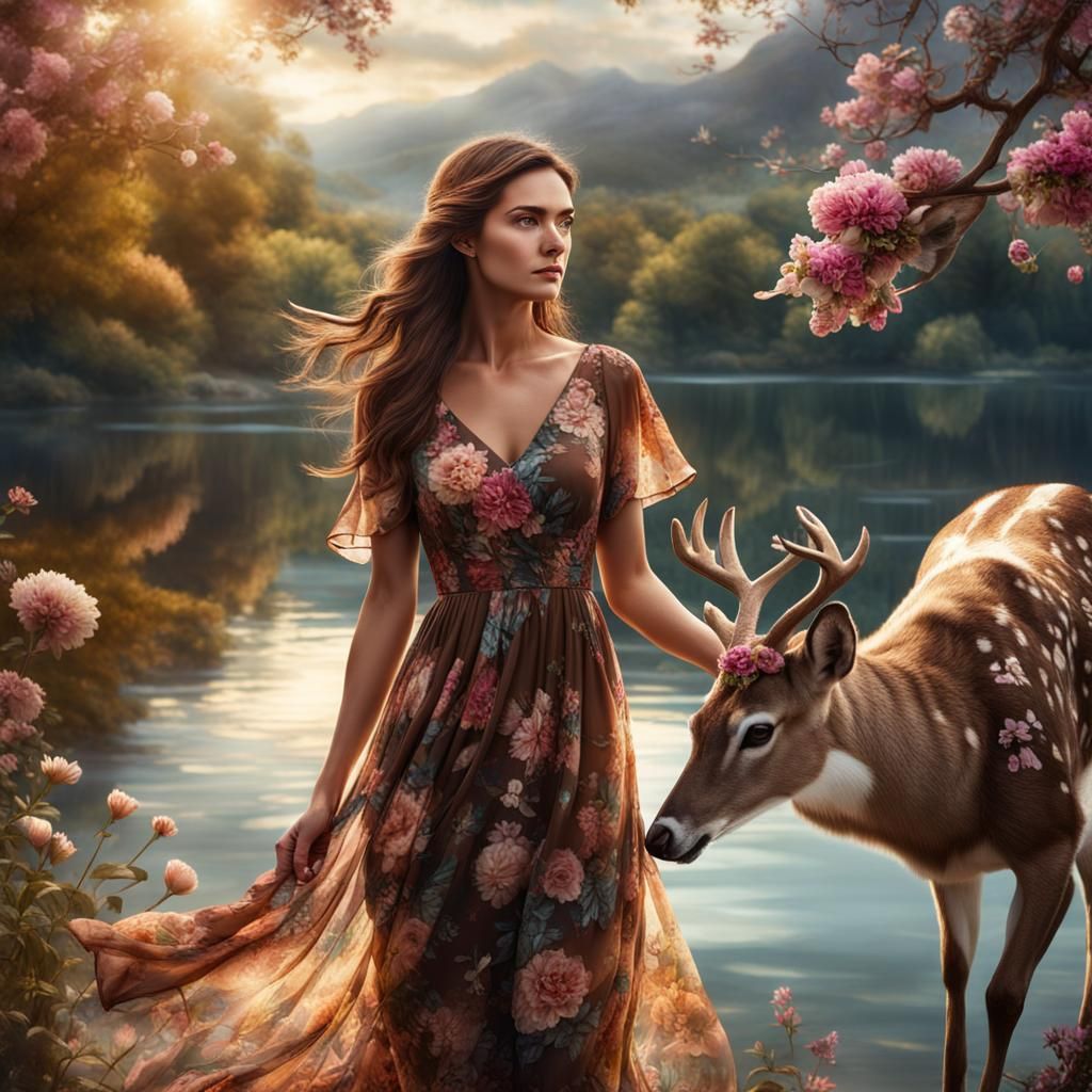 Woman Petting Deer in Flower Garden: Digital Painting
