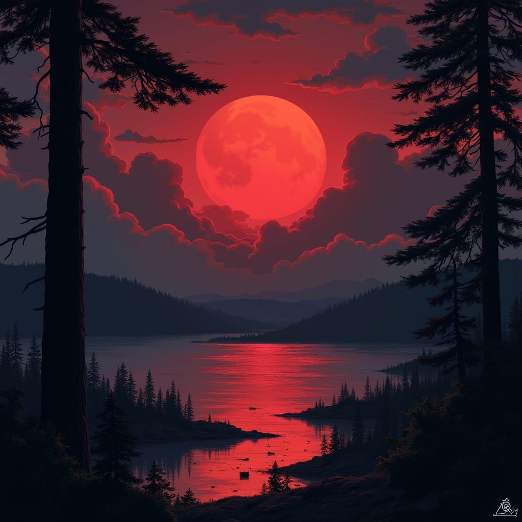 Asian-Inspired Landscape with Mysterious Red and Black Sky