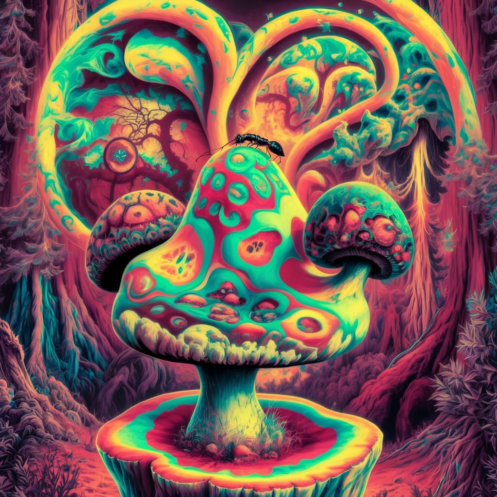 Psychedelic Magic Mushroom Forest with Tiny Ant