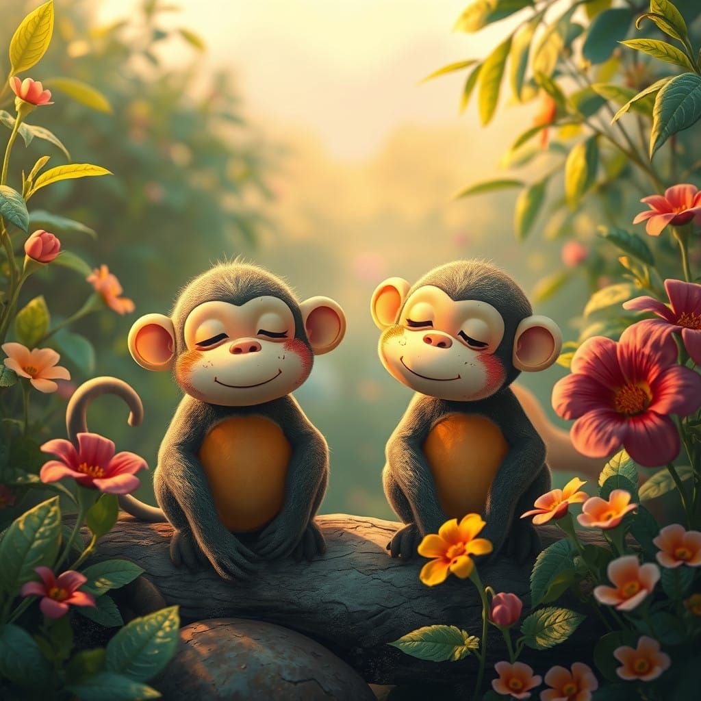 Whimsical Serenity of Snailing Monkeys in Evening Bloom