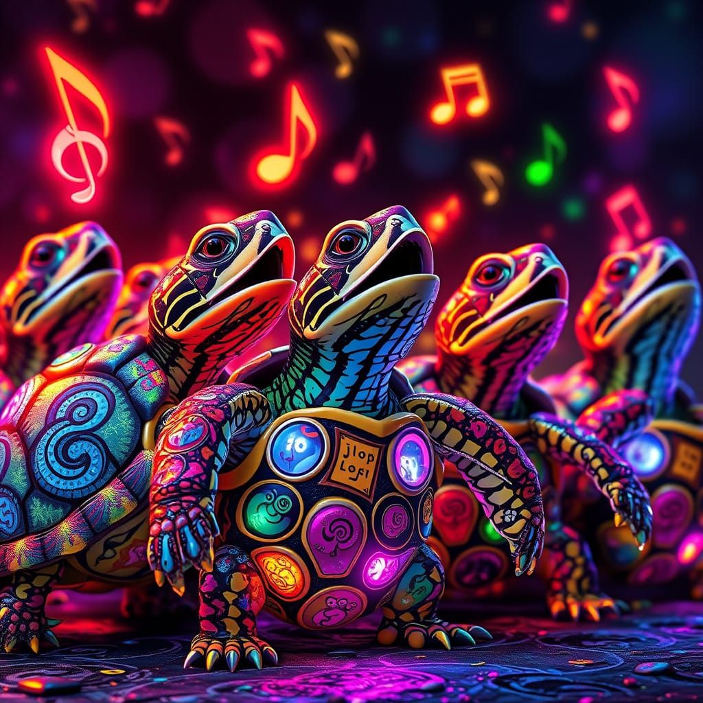A punk rock  turtle band with Elaborate patterned psychedeli...