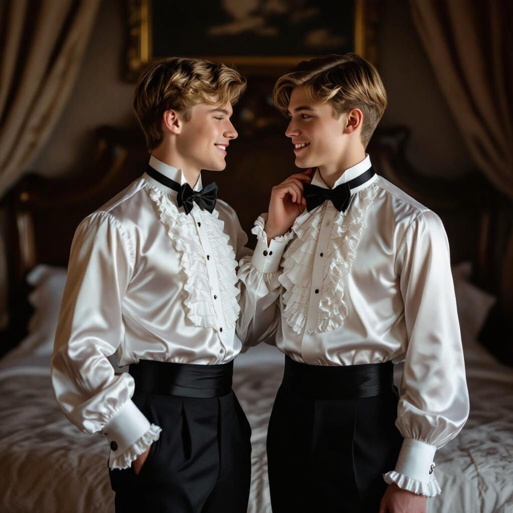 Elegant Evening Attire: Two Young Men in Satin and Opera Pum...