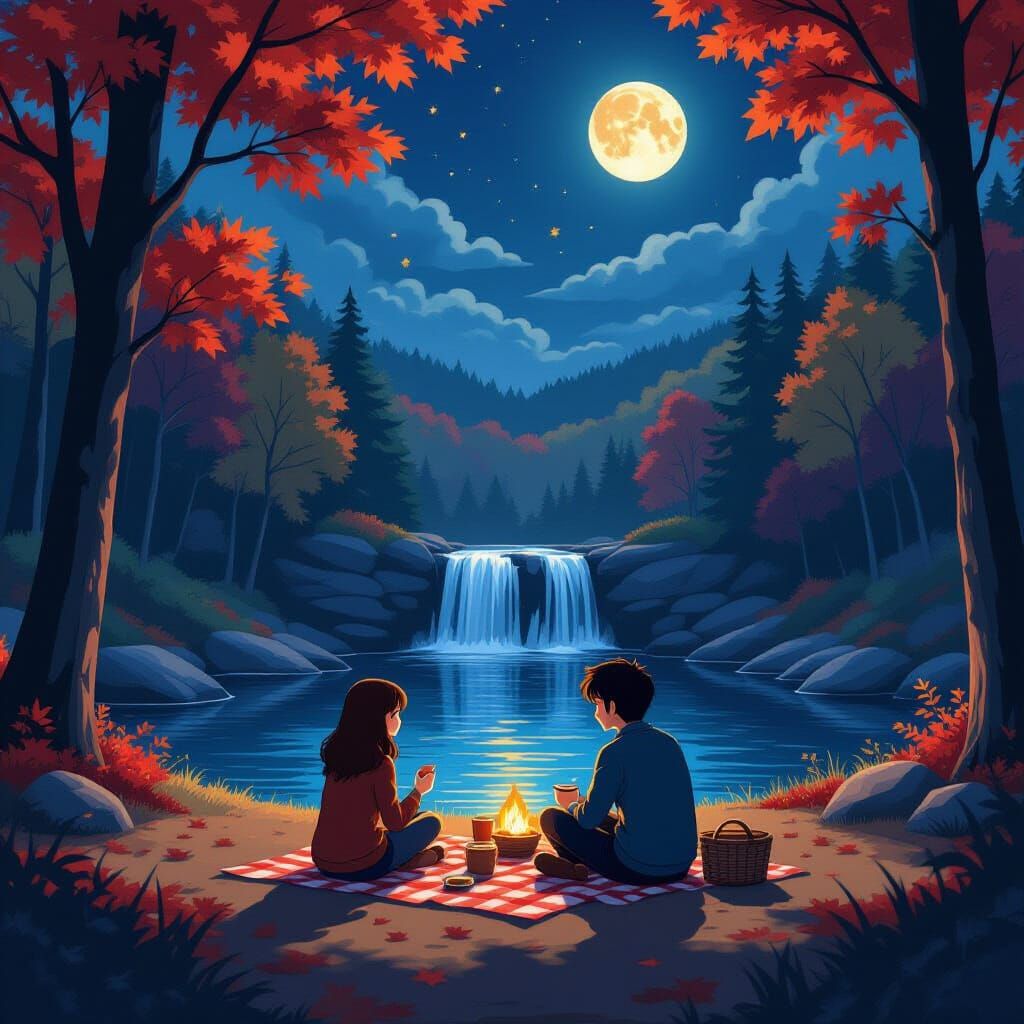 Night Picnic by Waterfall in Anime Style