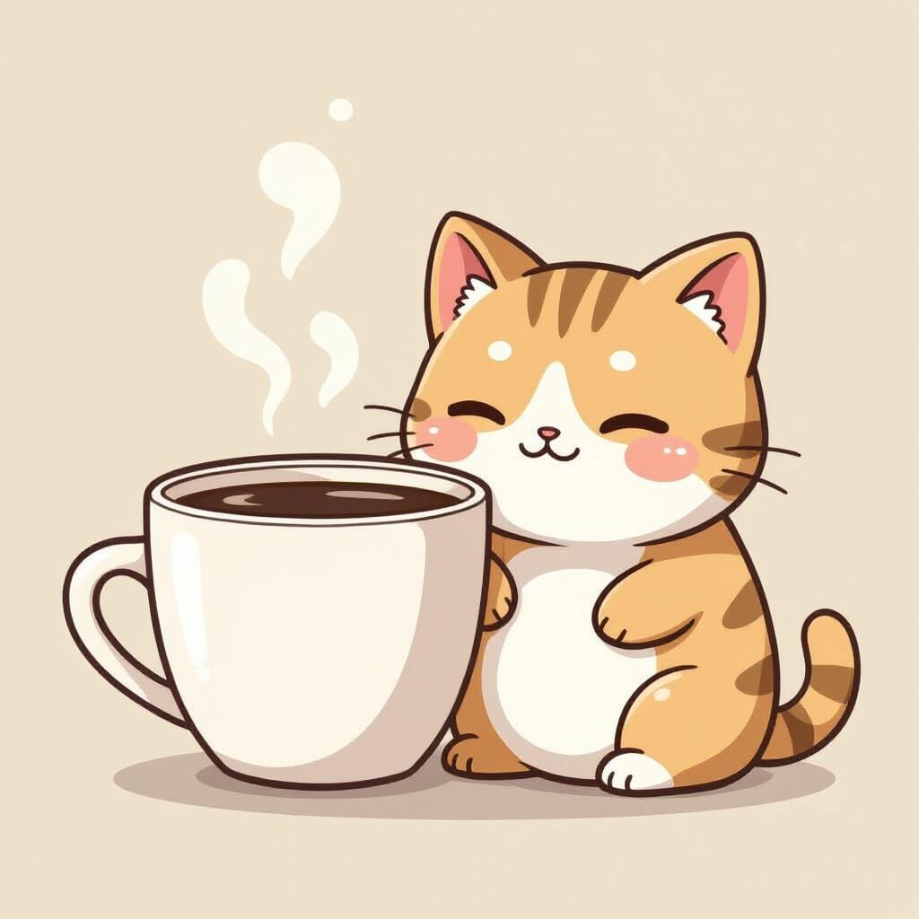 Chibi Cat with Coffee, Kawaii Style Illustration