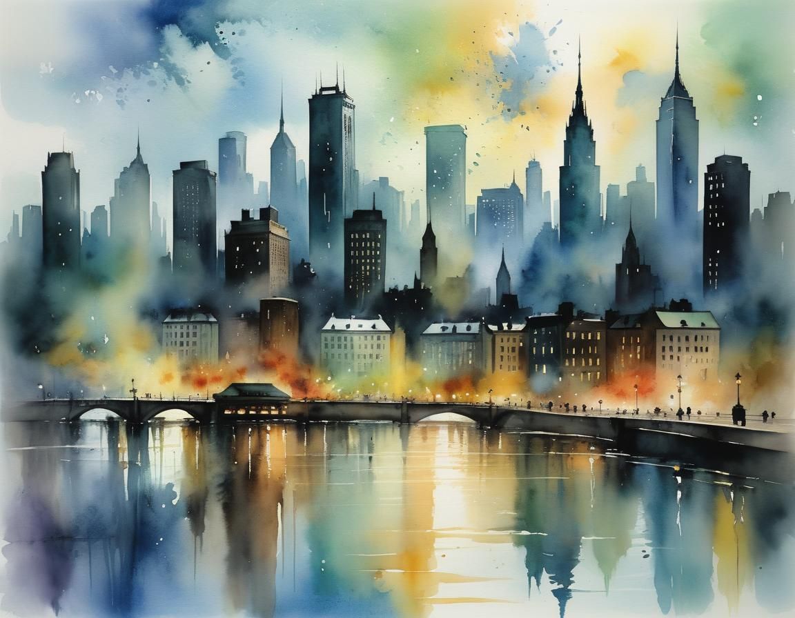 Cityscape in Watercolor Style of Gustave Doré