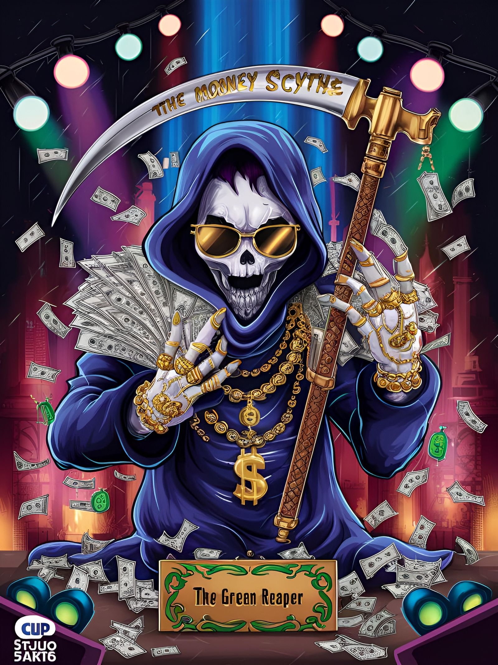 Anime Grim Reaper with Money Scythe in Cel-Shaded Style