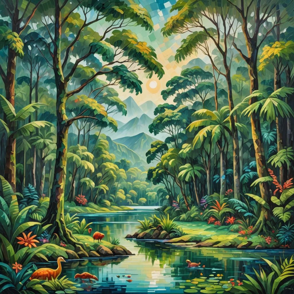 Tropical Forest Painting in Neo-Impressionist Style