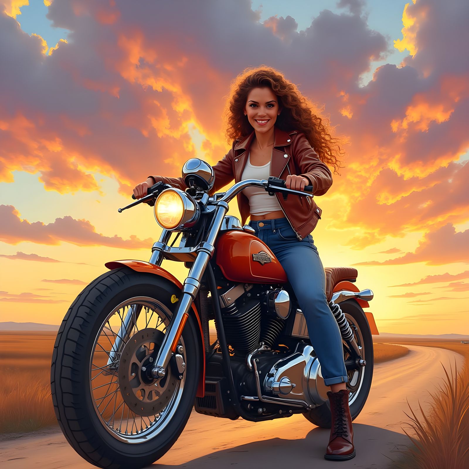 Girl Rides by Sunset on a Prairie Road in Retro Comics Style