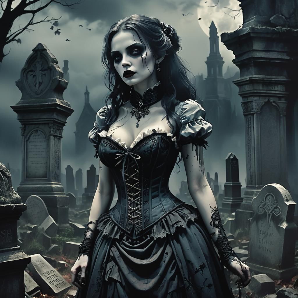 Victorian Vampire in Haunted Cemetery: Gothic Illustration