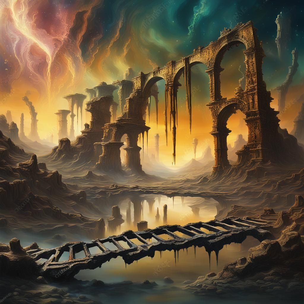 Surreal Crumbling Bridge Ruins in Space