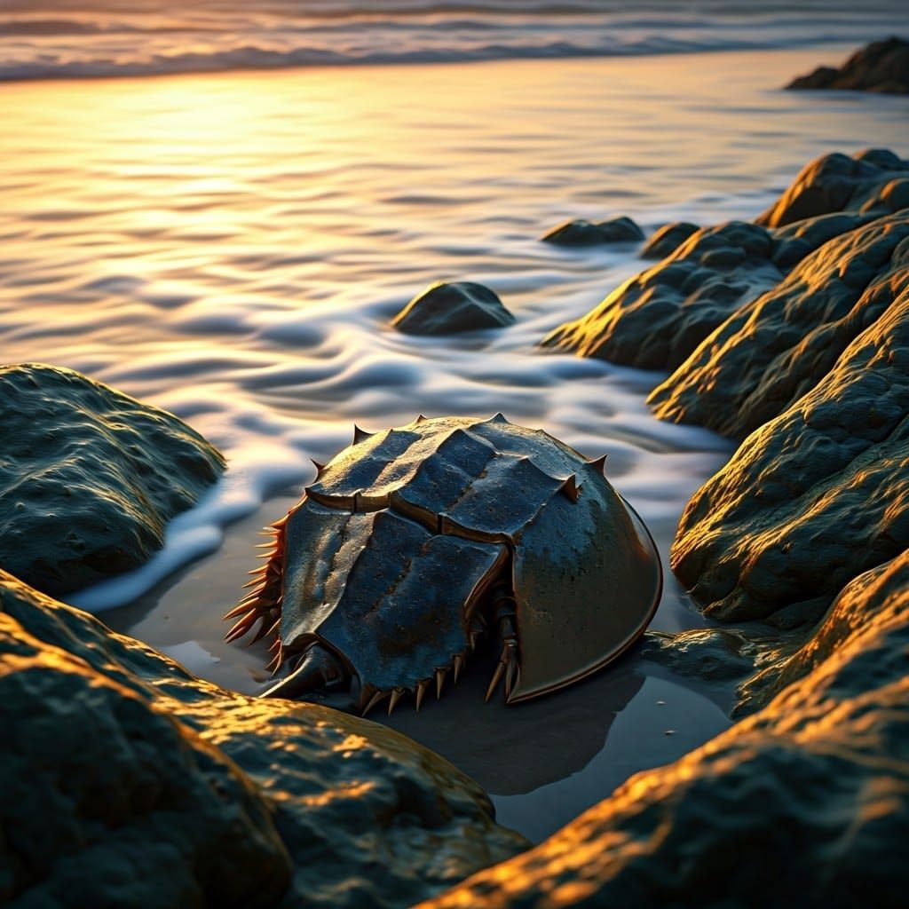 Ancient Horseshoe Crab Amidst Weathered Beach Rocks