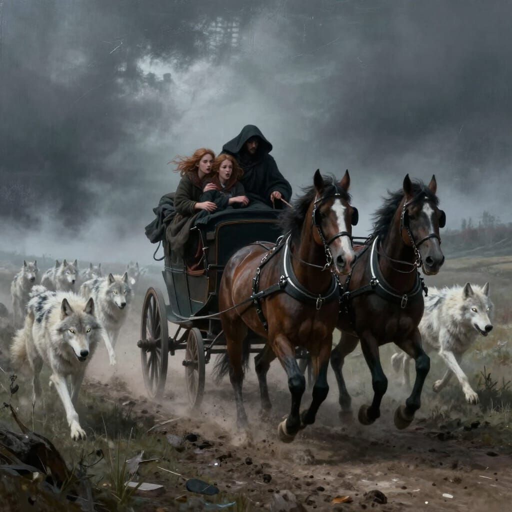Dark Fantasy Carriage Chase Through Misty Plains