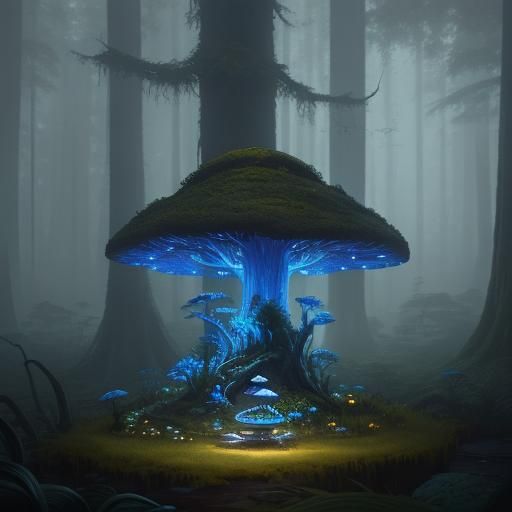 Mystical Forest Scene with Glowing Mushroom