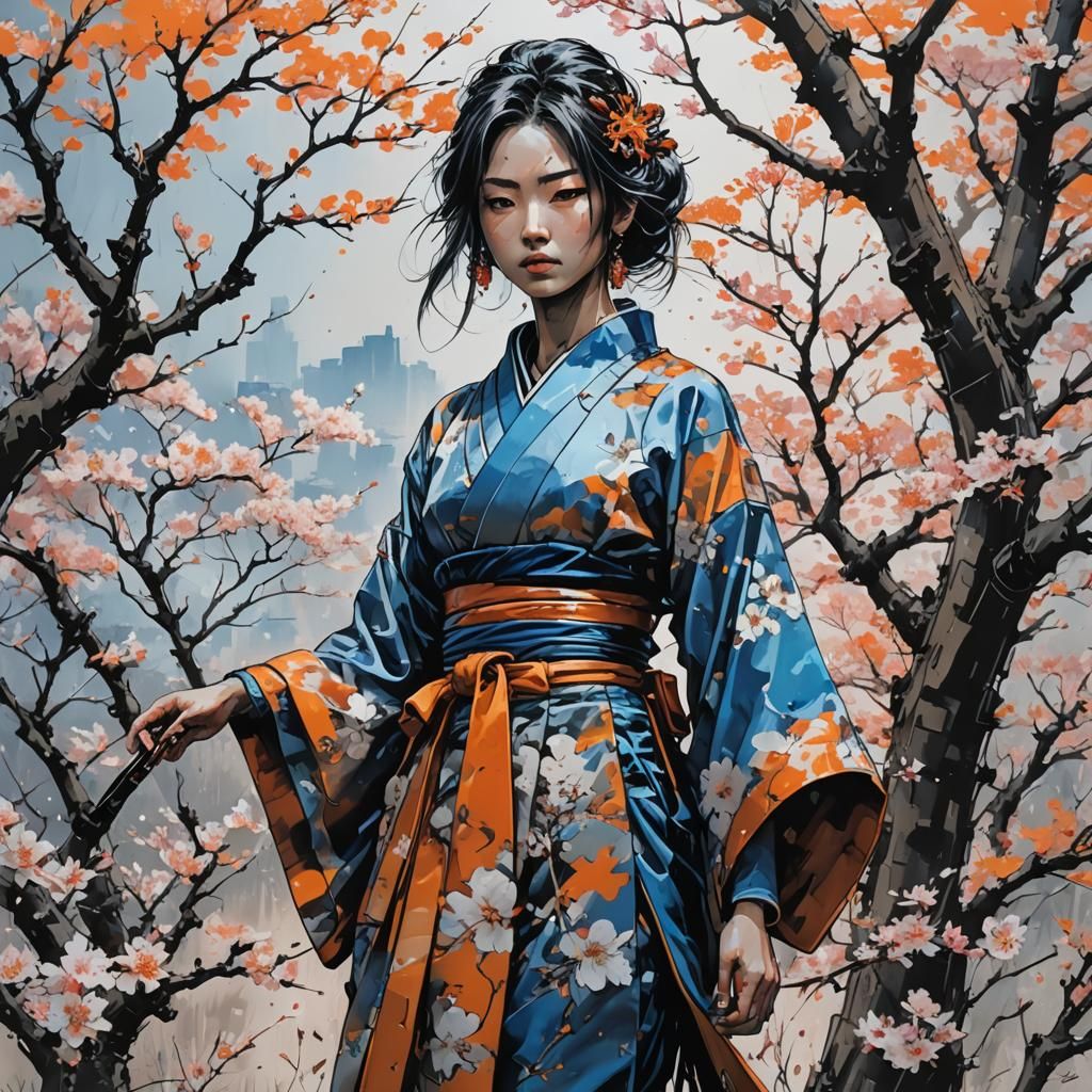 Samurai Girl Under Cherry Blossom Tree Ink Drawing