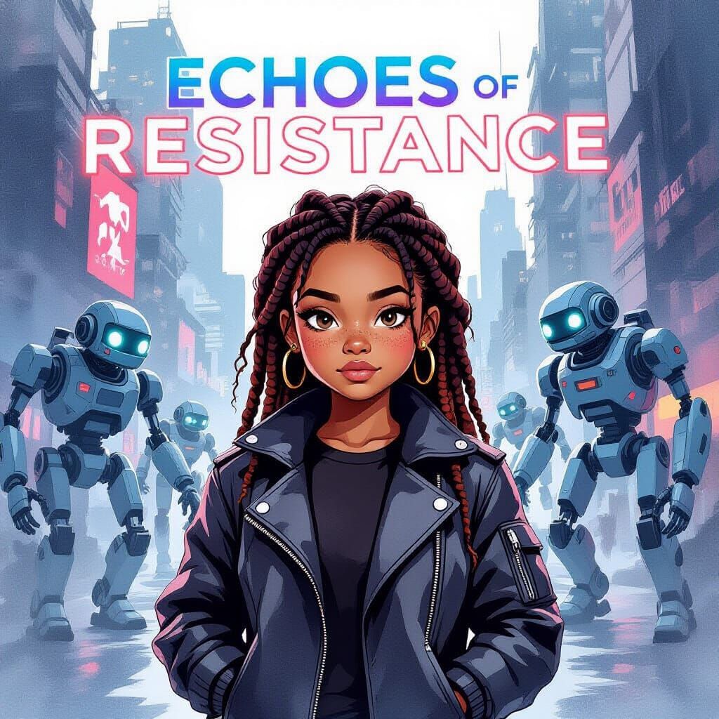 Girl Defies Robots in a Vibrant Watercolor Cityscape