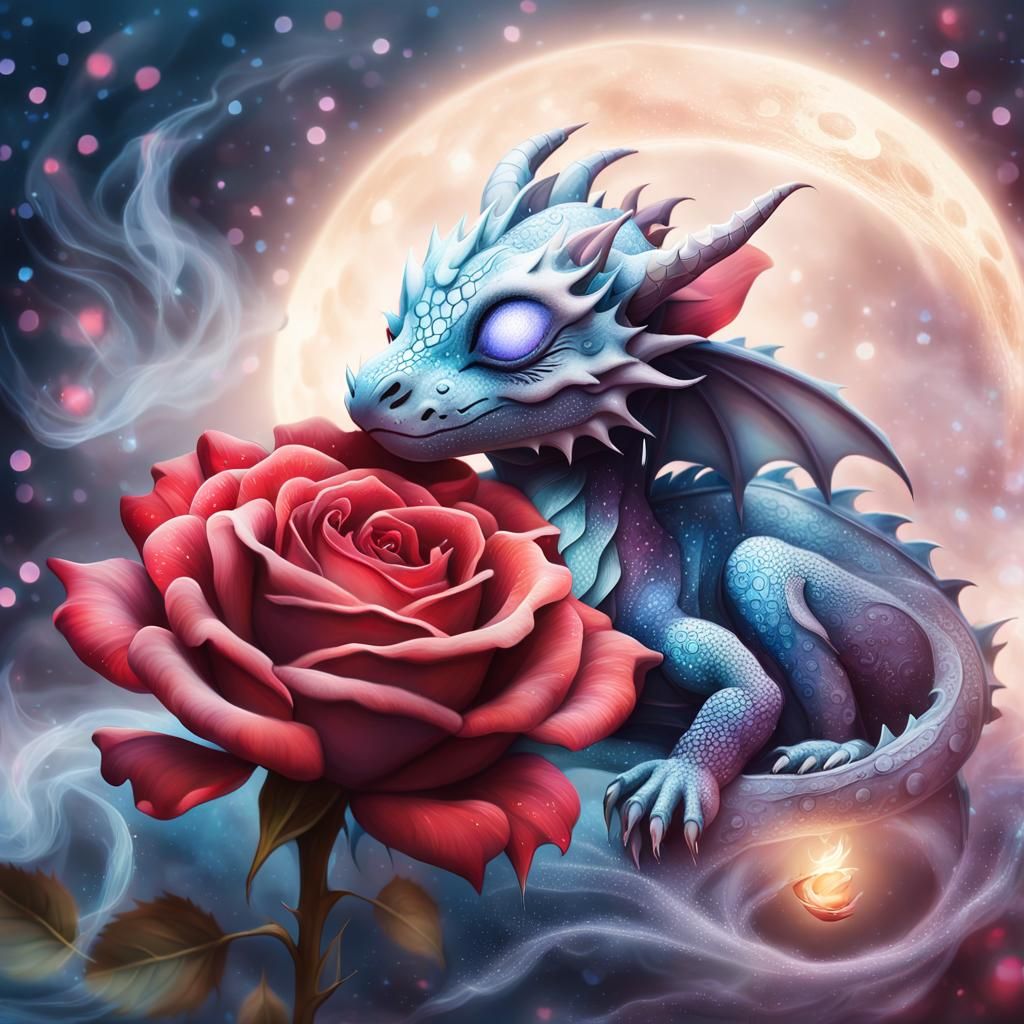 Baby Dragon Sleeping on Rose in Dreamy Fantasy