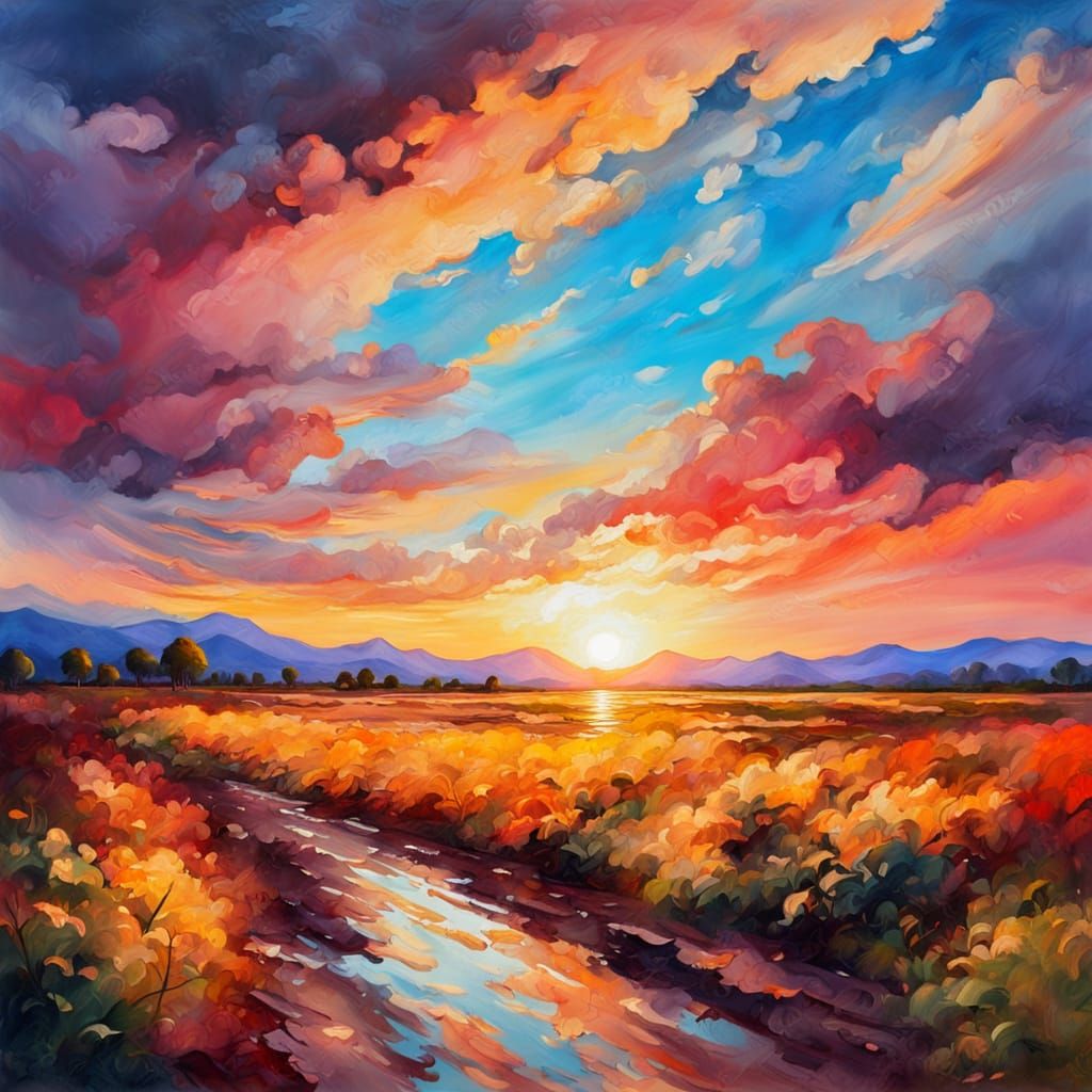 Vibrant Sunset Sky in Oil Painting Style