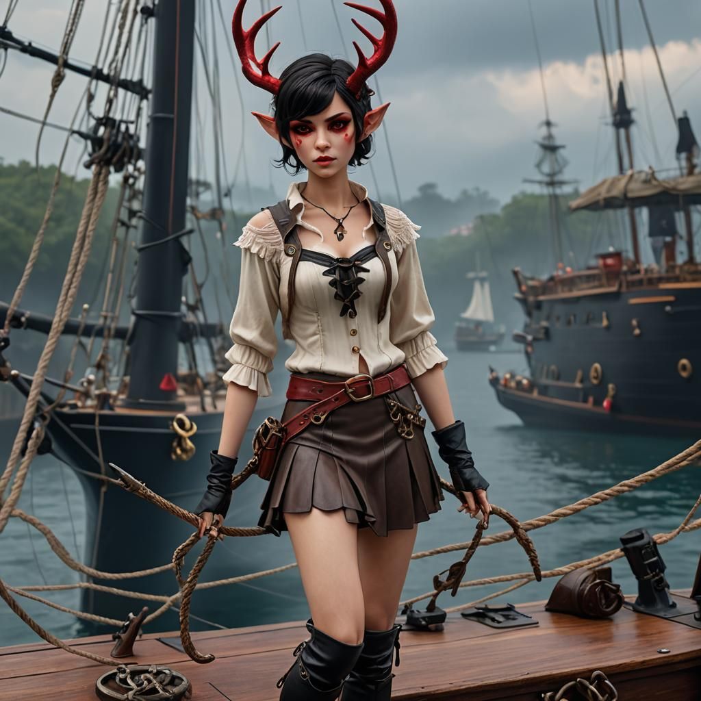 Fae Faun Pirate on Sailing Ship Airbrush Art