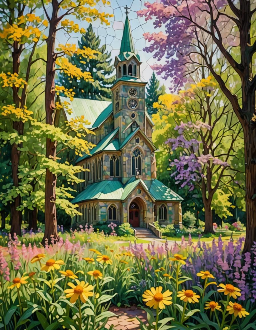 Country Church with Flowers in Impressionistic Style