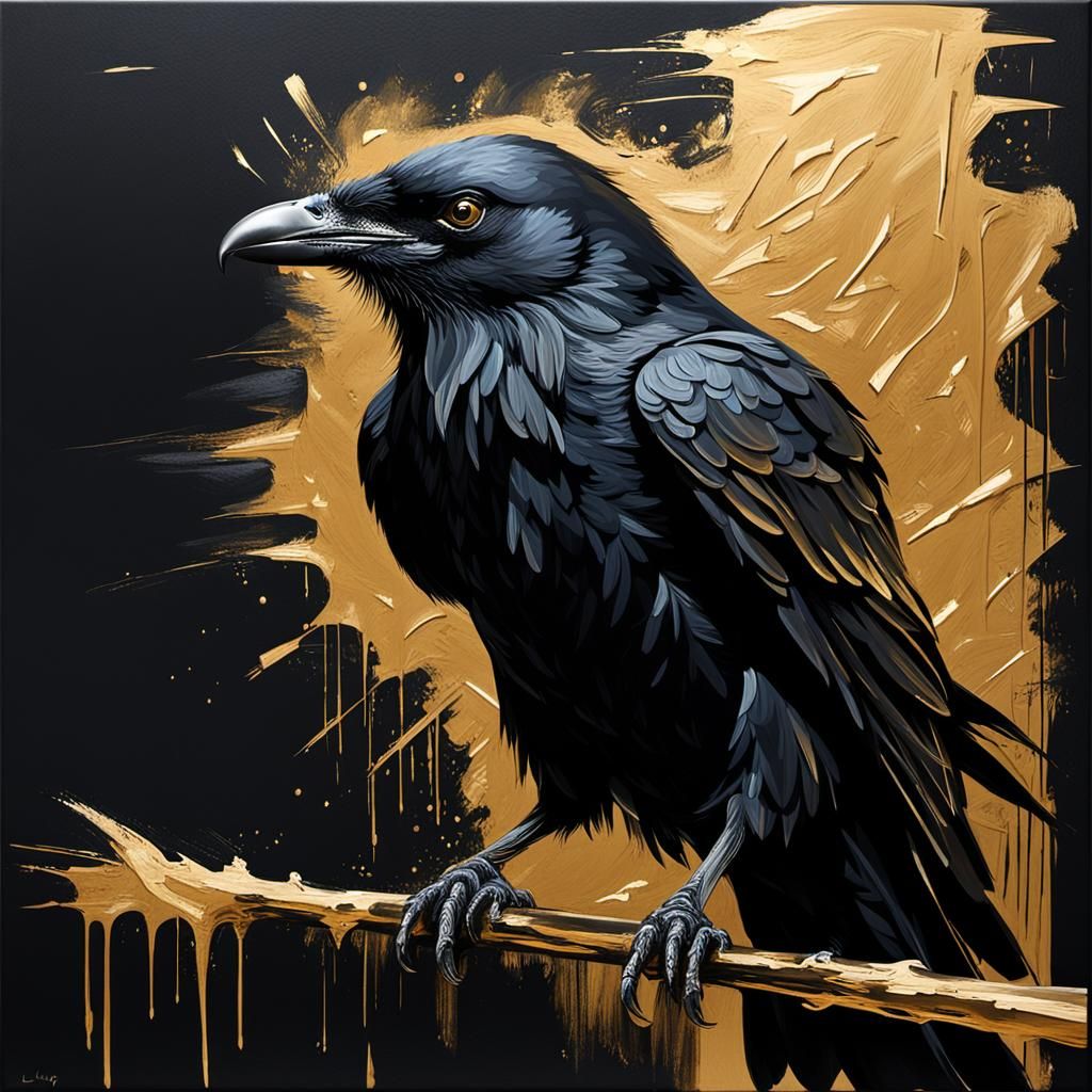 Matte Black Raven Painting with Golden Highlights