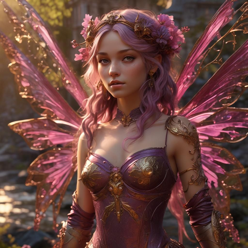 Fairy with Pink Eyes at Sunset: Dark Fantasy Art