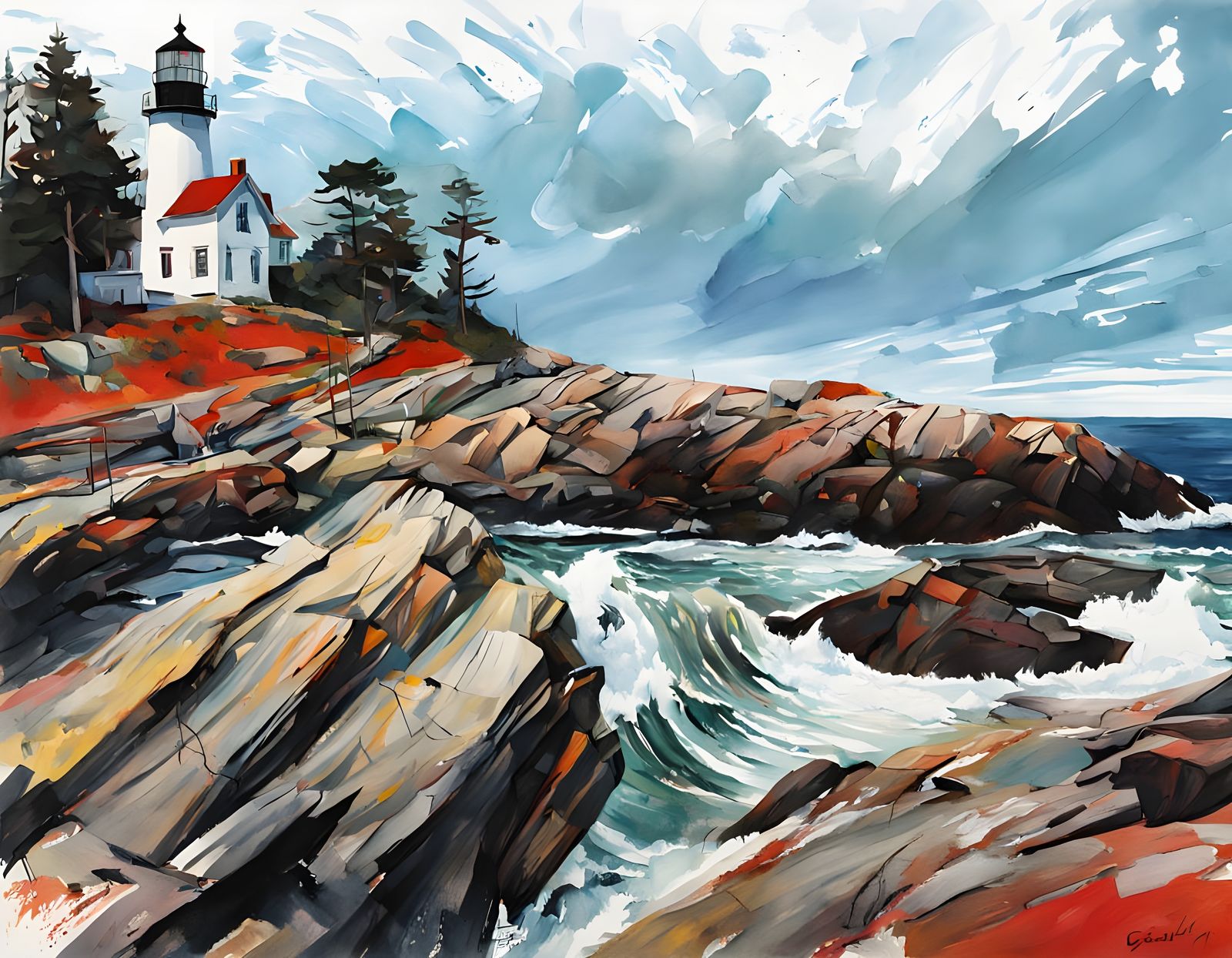 Impressionist Lighthouse Masterpiece in Gouache Style