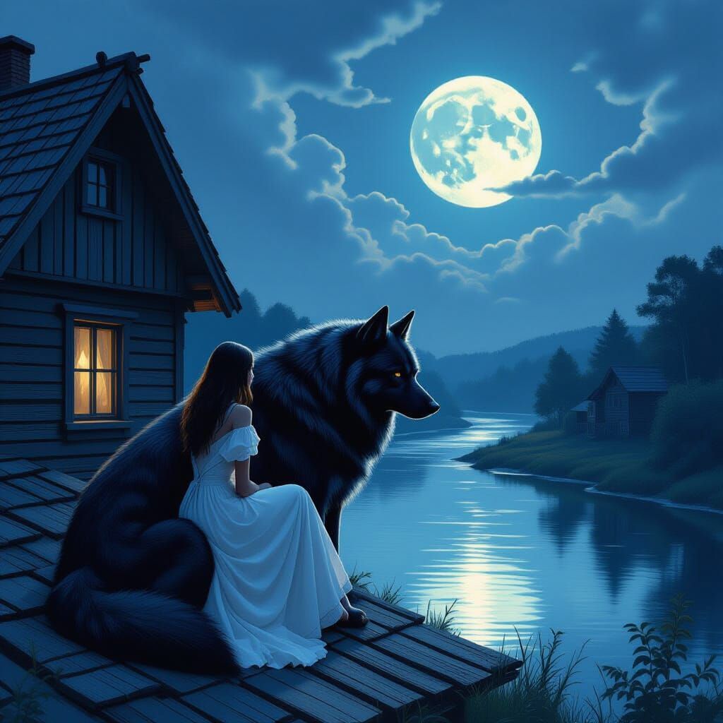 Moonlit River Reflection with Woman and Hellhound