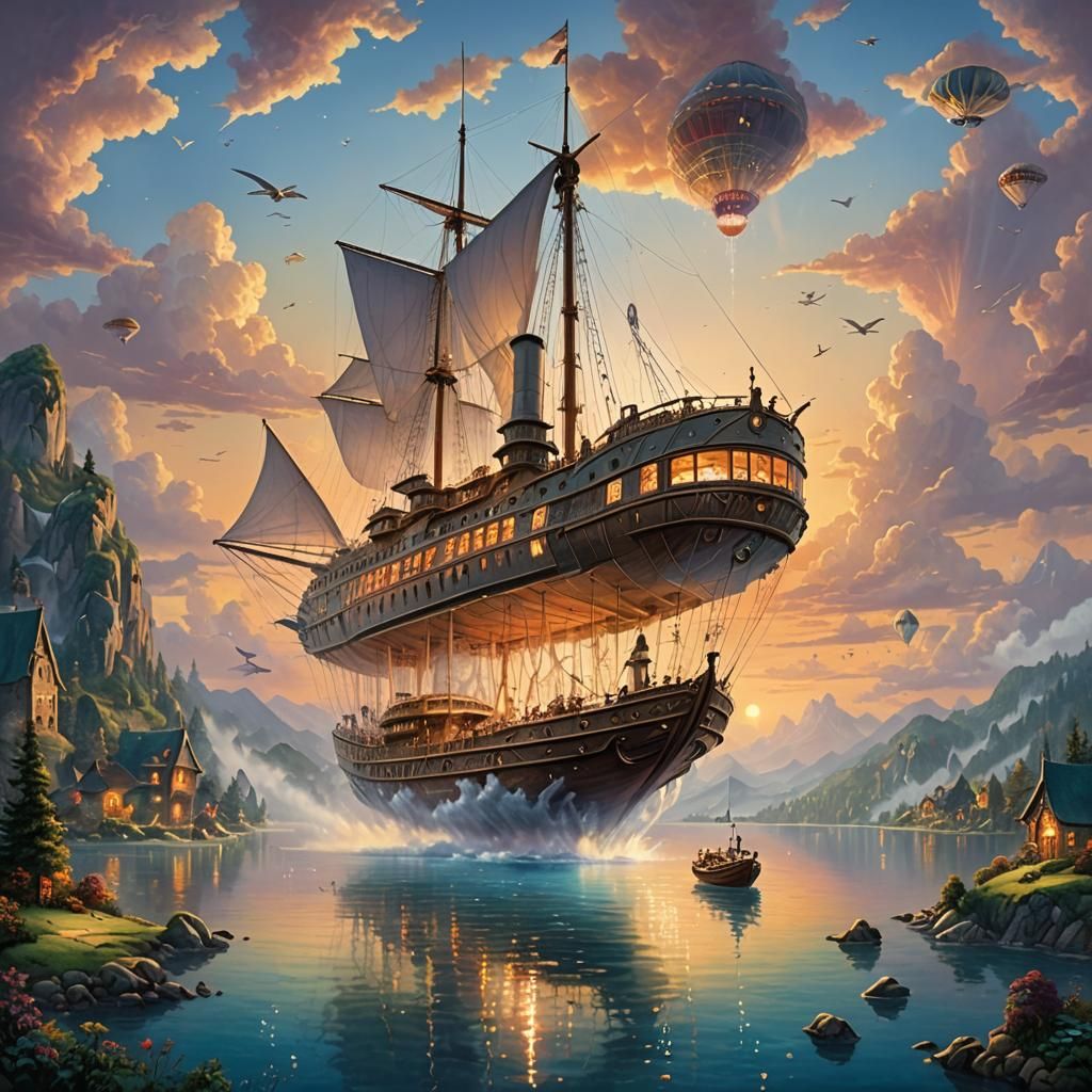 Crystal Flying Boat at Sunset in Ethereal Fantasy Style